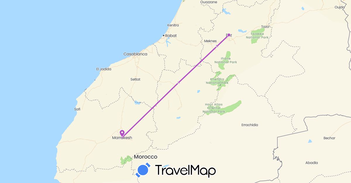 TravelMap itinerary: driving, train in Morocco (Africa)